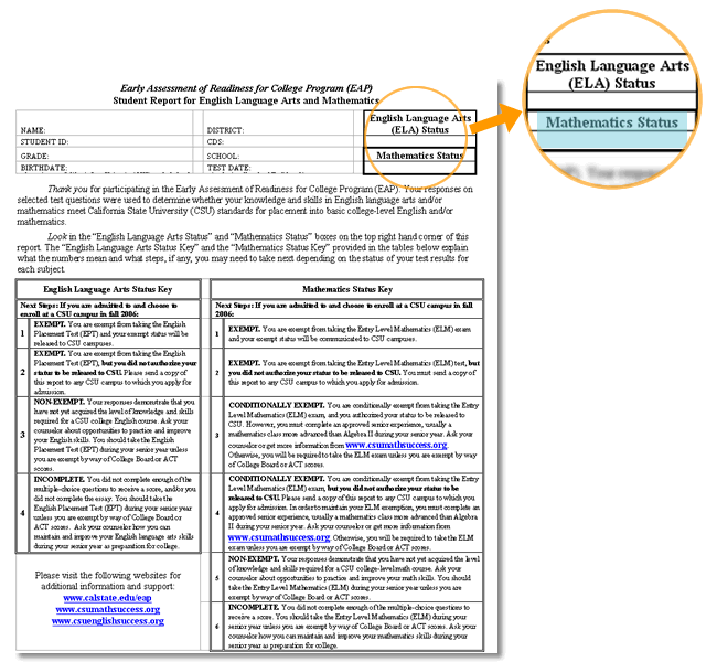 EAP Student Report shows your EAP Math Test's result at the upper right hand corner.